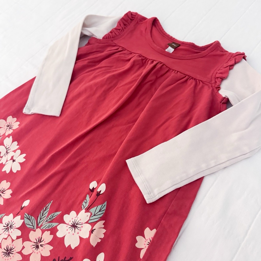 Tea Collection Dress Girls 7 Red Floral Long Sleeve Jumper Style Deer Fall